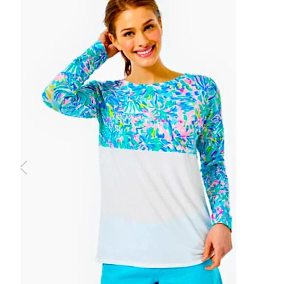 Lilly Pulitzer Finn Top Womens Size XXL Blue White Ibiza Cabana Cocktail Modal - Picture 1 of 9
